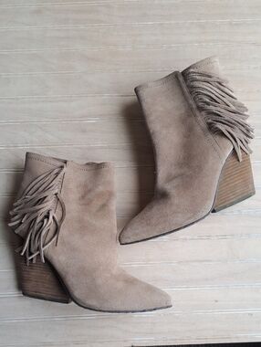 Isola Fringe Suede Leather Western Stylish Block Heel Ankle Booties Tan Side Zip